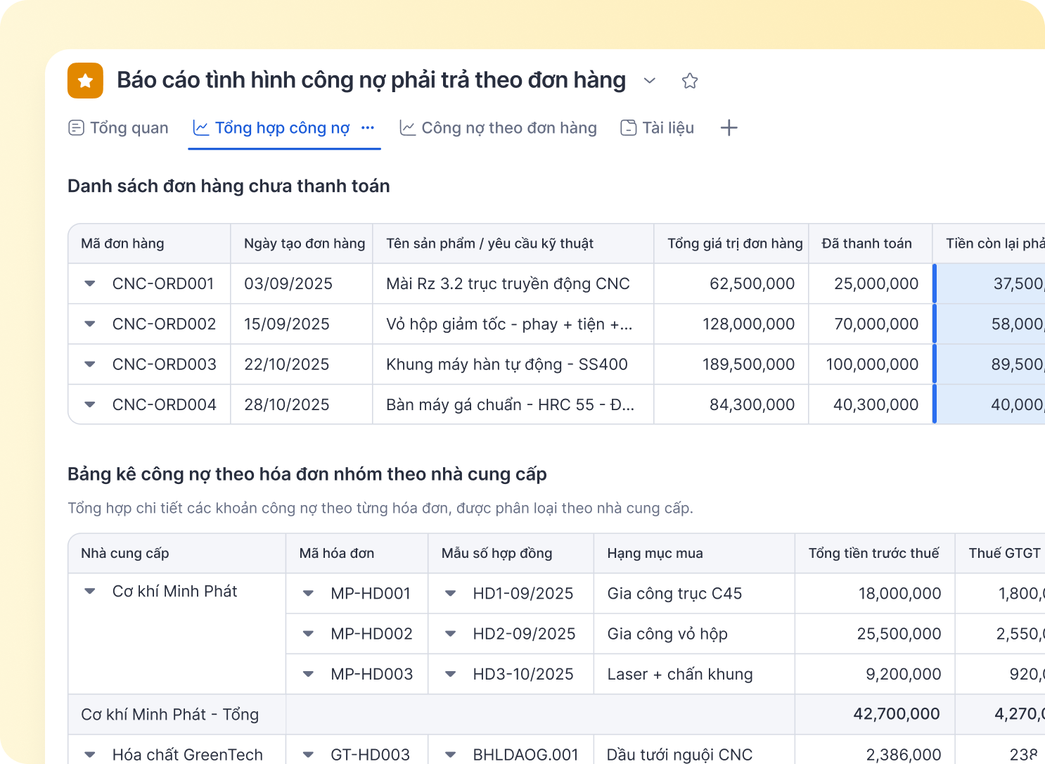 Báo cáo tình hình công nợ phải trả theo đơn hàng