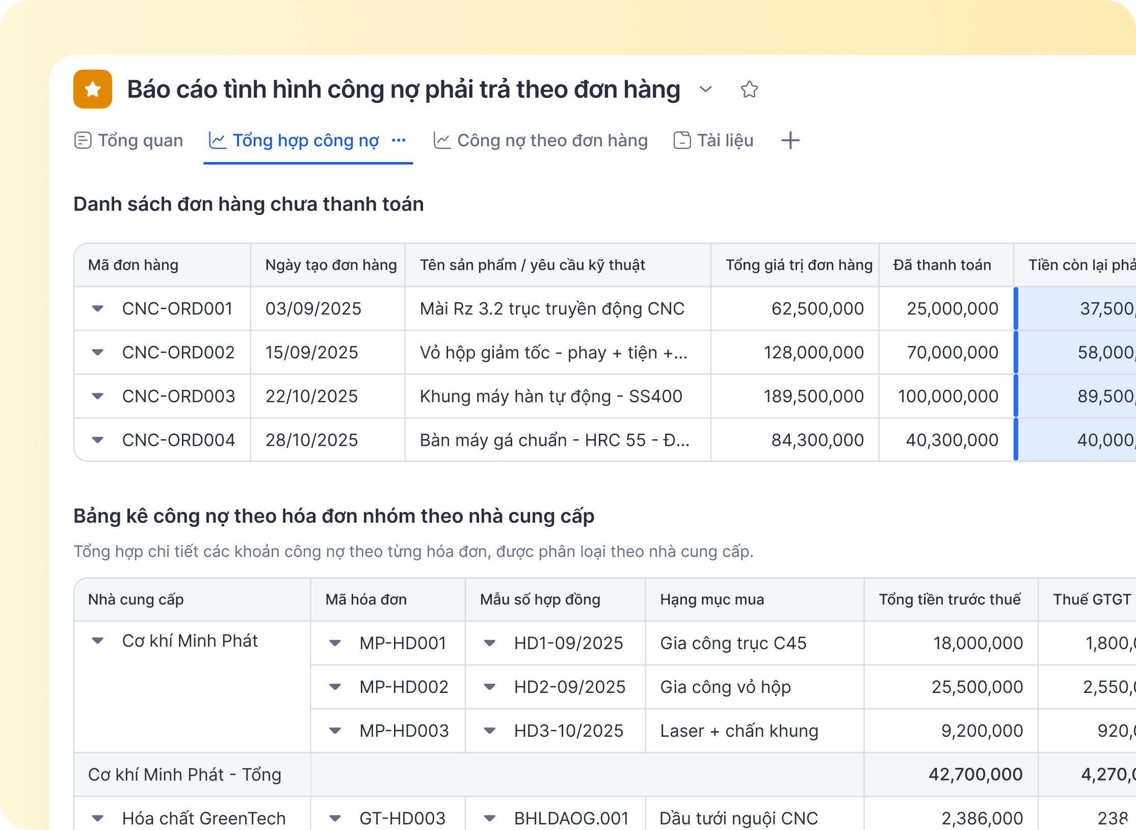 Báo cáo tình hình công nợ phải trả theo đơn hàng Cleeksy